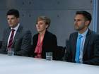 Mark, Katie and Sanjay in The Apprentice boardroom