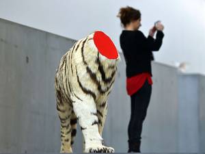 18 December 2014: A woman stands next to a decapitated tiger, an art piece by Chinese artist Huang Yong Ping at the exhibition 